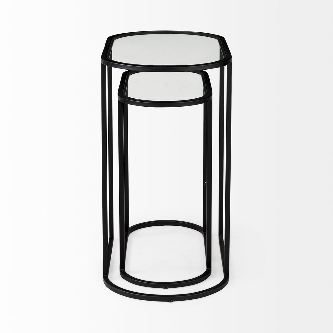 Celine 24.2 L x 12.6 W x 22.4 H Set of Two Black/Silver Metal and Glass Nesting Accent Tables Dining Room Mercana