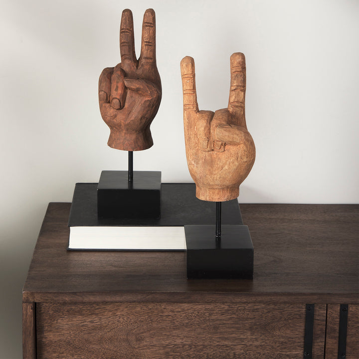 Pacem 4L x 4W Natural Wooden Carved Peace Sign Hand Decor Mercana