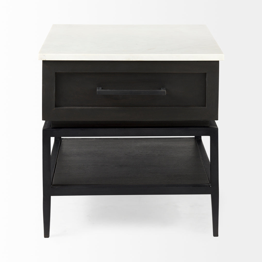Divina Black-Brown Wood w/ White Marble Top and Black Metal Base 1 Drawer Side Table Dining Room Mercana
