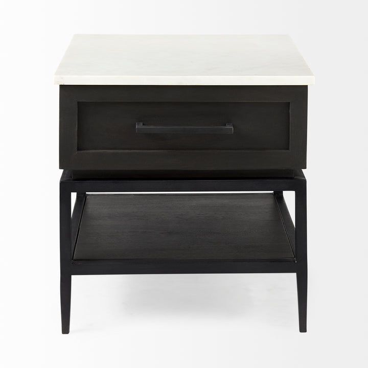 Divina Black-Brown Wood w/ White Marble Top and Black Metal Base 1 Drawer Side Table Dining Room Mercana