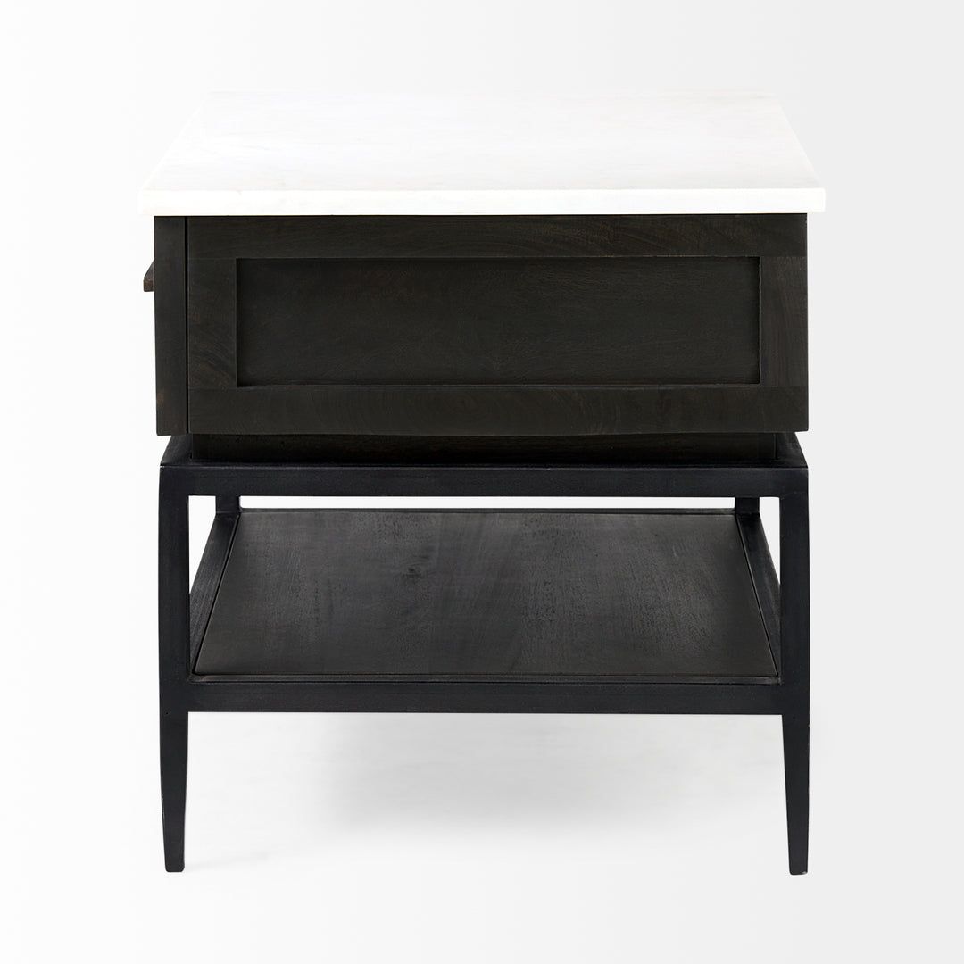 Divina Black-Brown Wood w/ White Marble Top and Black Metal Base 1 Drawer Side Table Dining Room Mercana