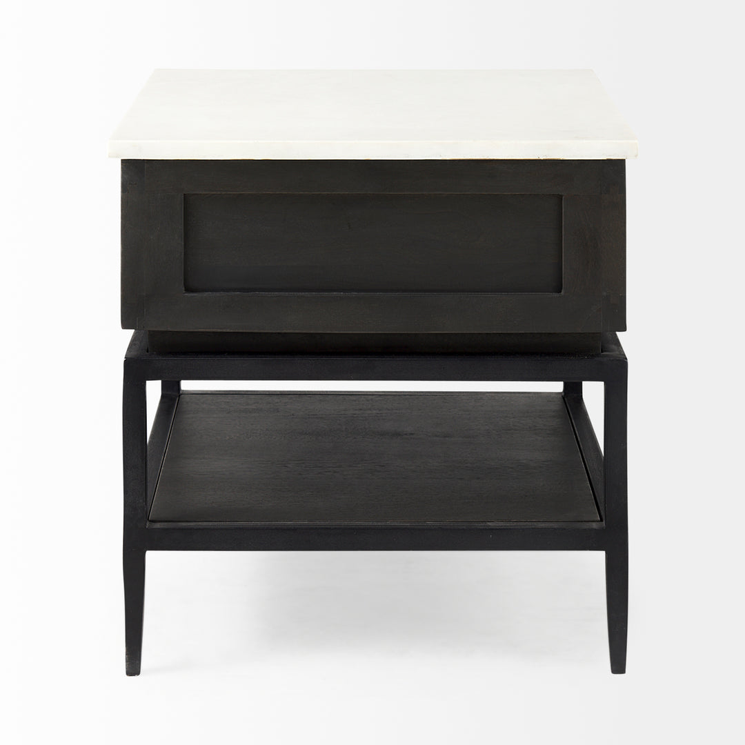 Divina Black-Brown Wood w/ White Marble Top and Black Metal Base 1 Drawer Side Table Dining Room Mercana