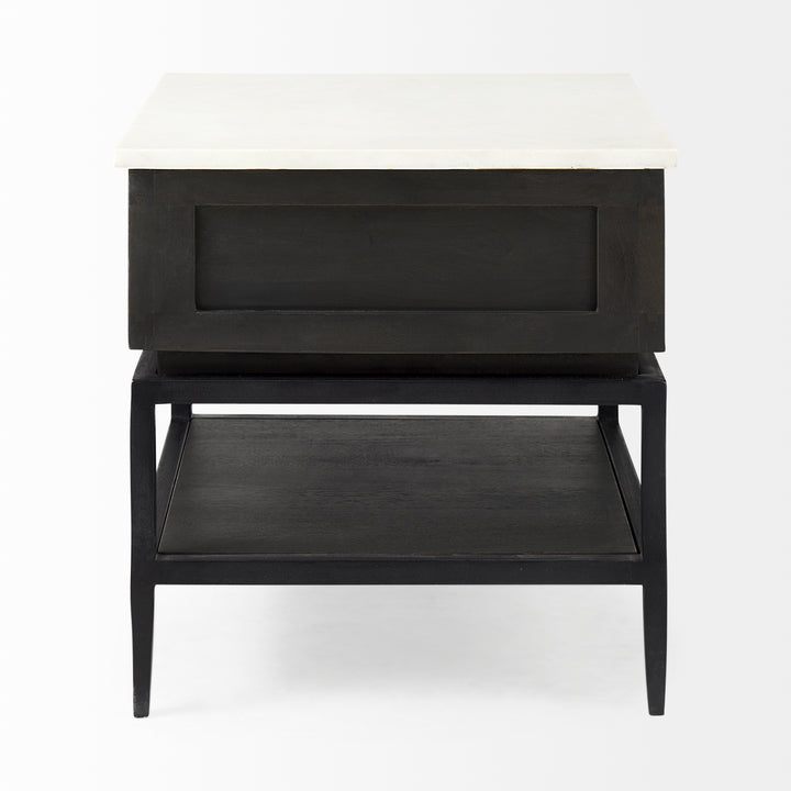Divina Black-Brown Wood w/ White Marble Top and Black Metal Base 1 Drawer Side Table Dining Room Mercana