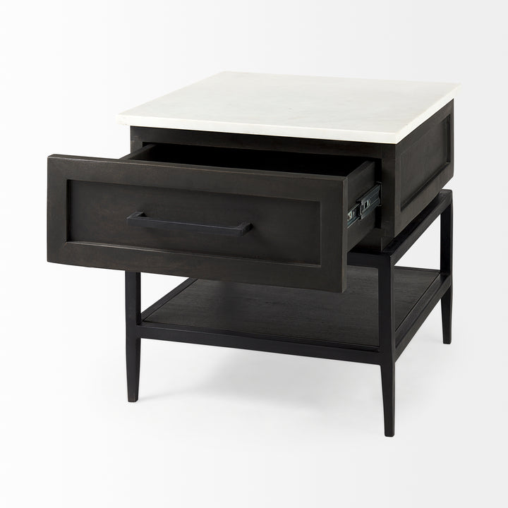 Divina Black-Brown Wood w/ White Marble Top and Black Metal Base 1 Drawer Side Table Dining Room Mercana