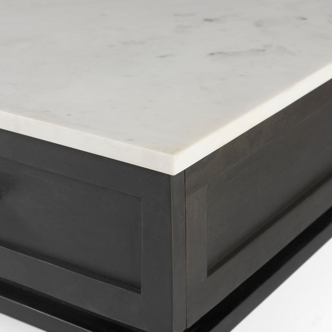 Divina Black-Brown Wood w/ White Marble Top and Black Metal Base 1 Drawer Side Table Dining Room Mercana