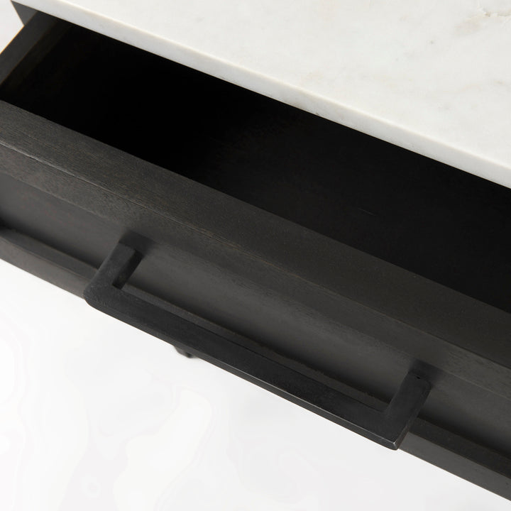 Divina Black-Brown Wood w/ White Marble Top and Black Metal Base 1 Drawer Side Table Dining Room Mercana
