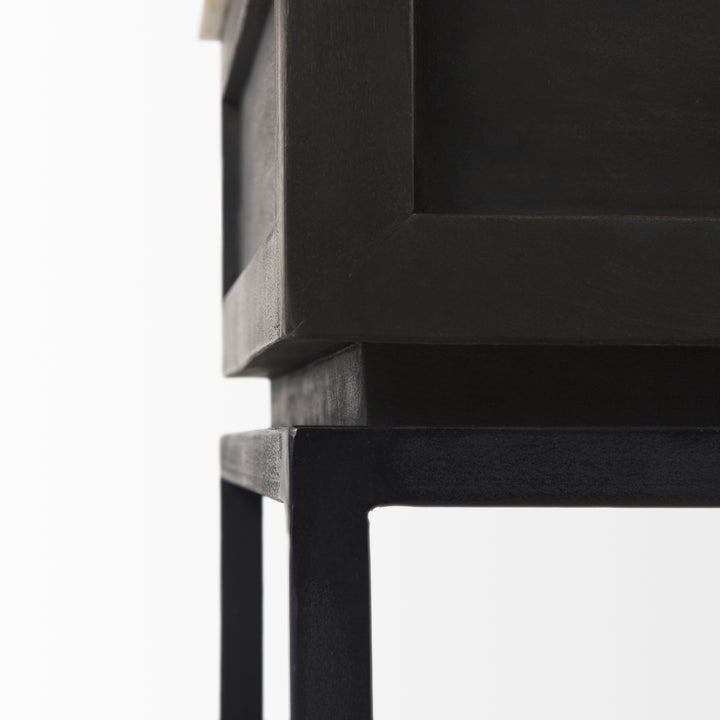 Divina Black-Brown Wood w/ White Marble Top and Black Metal Base 1 Drawer Side Table Dining Room Mercana