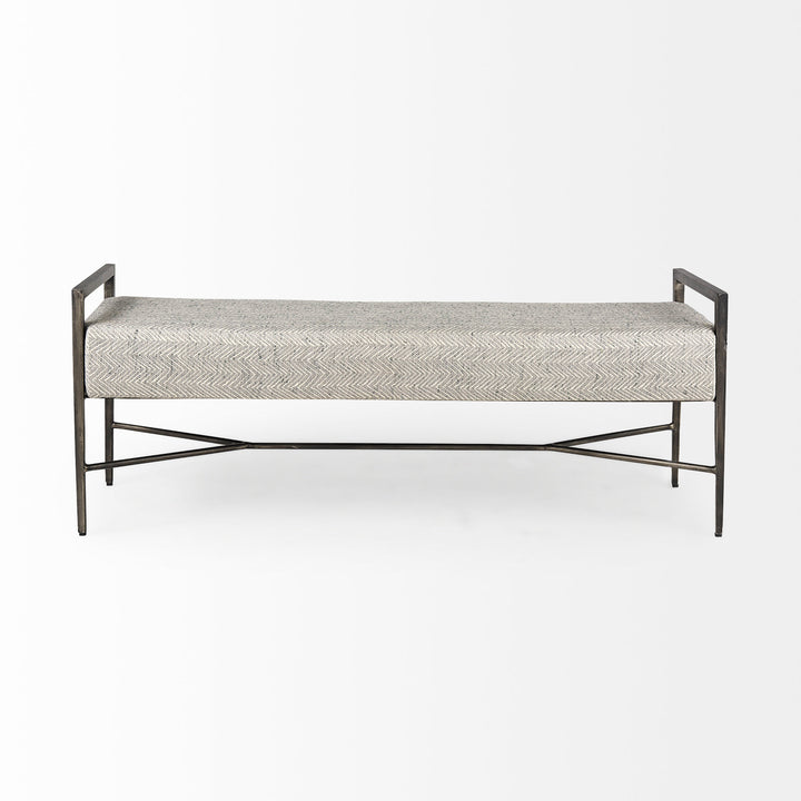 Charlotte 55.0L Gray Herringbone Fabric Seat w/ Antique Nickel Metal Frame Bench Decor Mercana