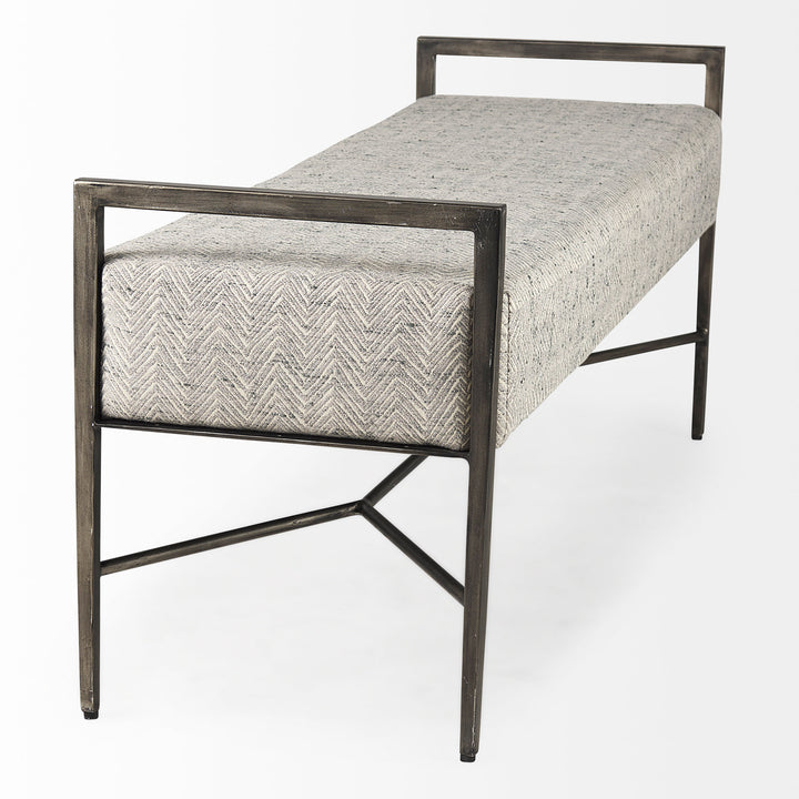 Charlotte 55.0L Gray Herringbone Fabric Seat w/ Antique Nickel Metal Frame Bench Decor Mercana