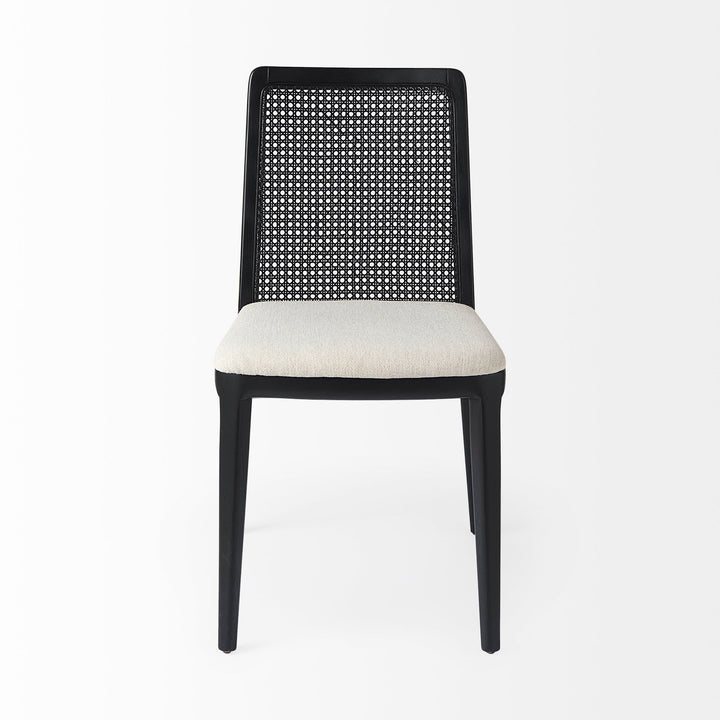 Clara Black Wood W/ Cream Fabric Seat and Cane Back Armless Dining Chair Living Room Mercana