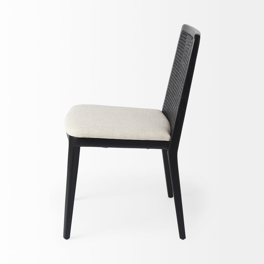 Clara Black Wood W/ Cream Fabric Seat and Cane Back Armless Dining Chair Living Room Mercana