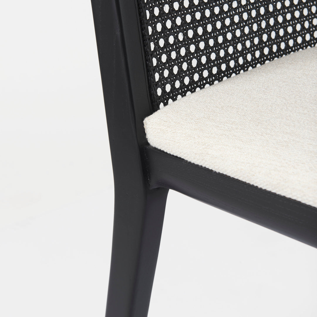 Clara Black Wood W/ Cream Fabric Seat and Cane Back Armless Dining Chair Living Room Mercana