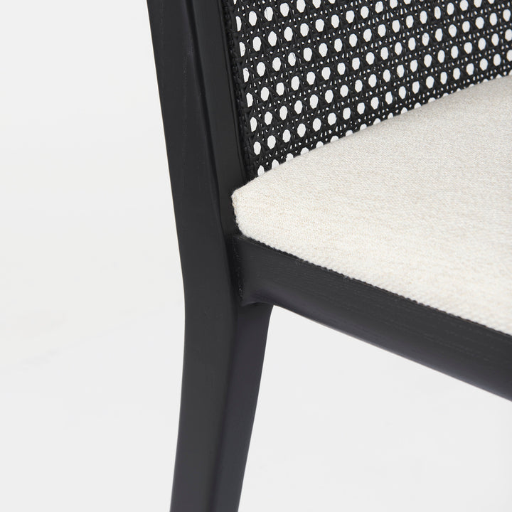 Clara Black Wood W/ Cream Fabric Seat and Cane Back Armless Dining Chair Living Room Mercana
