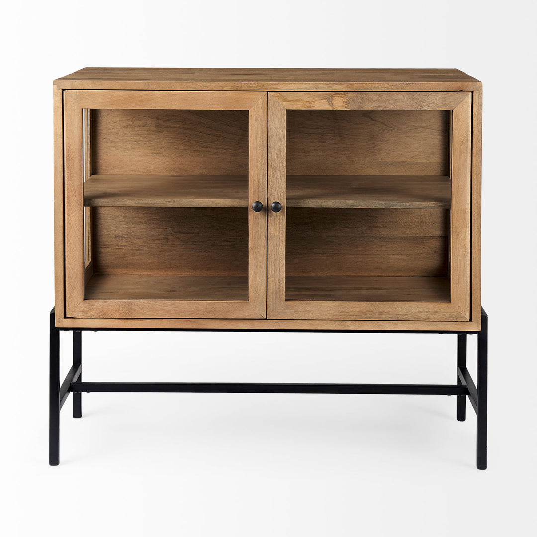 Arelius Light Brown Wood, Black Metal Base w/ 2 Glass Doors Accent Cabinet Decor Mercana