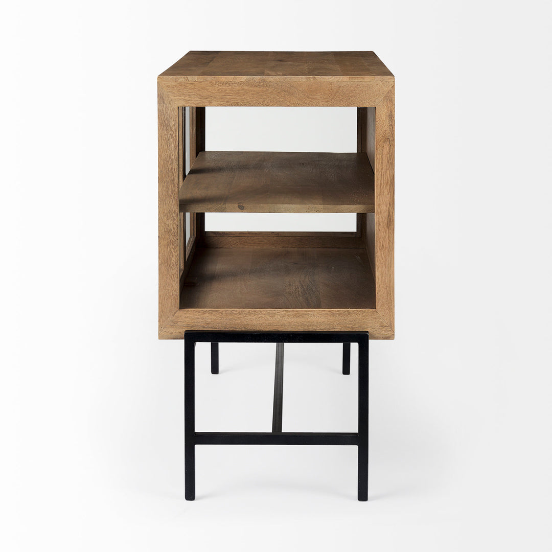 Arelius Light Brown Wood, Black Metal Base w/ 2 Glass Doors Accent Cabinet Decor Mercana