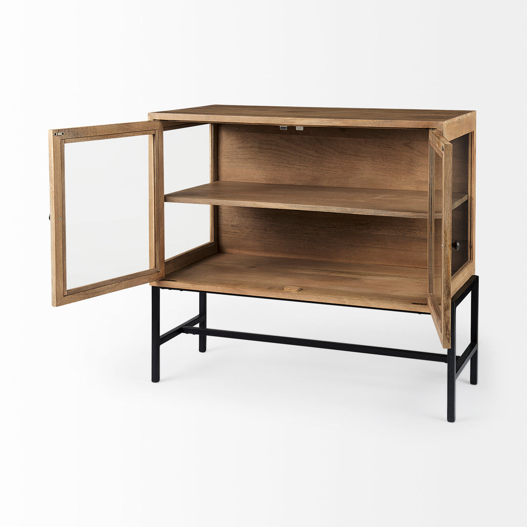 Arelius Light Brown Wood, Black Metal Base w/ 2 Glass Doors Accent Cabinet Decor Mercana