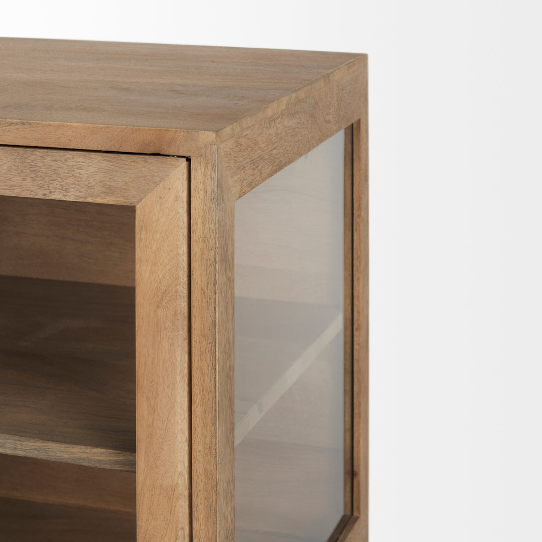 Arelius Light Brown Wood, Black Metal Base w/ 2 Glass Doors Accent Cabinet Decor Mercana