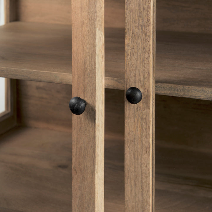 Arelius Light Brown Wood, Black Metal Base w/ 2 Glass Doors Accent Cabinet Decor Mercana
