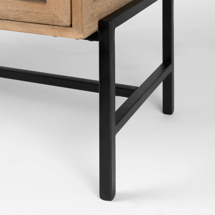 Arelius Light Brown Wood, Black Metal Base w/ 2 Glass Doors Accent Cabinet Decor Mercana