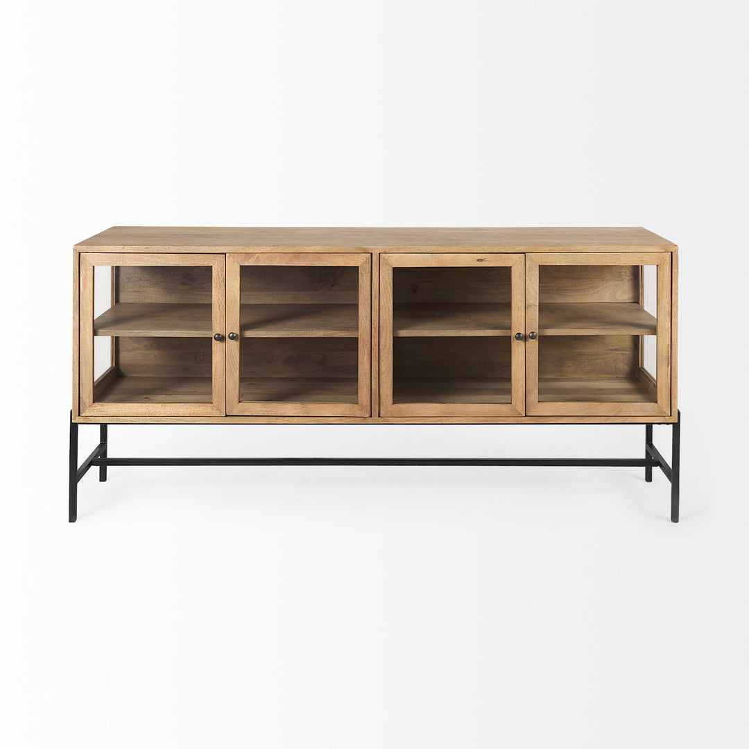 Arelius Light Brown Wood, Black Metal Base w/ 4 Glass Cabinet Doors Sideboard Dining Room Mercana