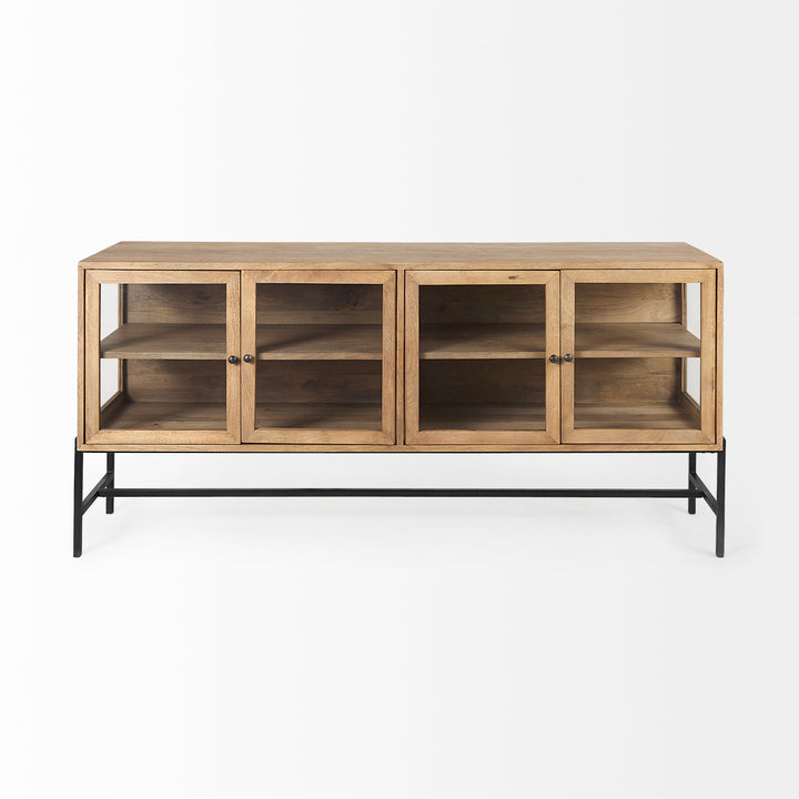 Arelius Light Brown Wood, Black Metal Base w/ 4 Glass Cabinet Doors Sideboard Dining Room Mercana