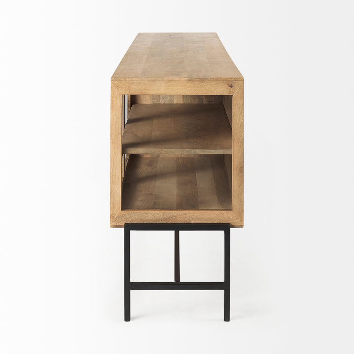 Arelius Light Brown Wood, Black Metal Base w/ 4 Glass Cabinet Doors Sideboard Dining Room Mercana