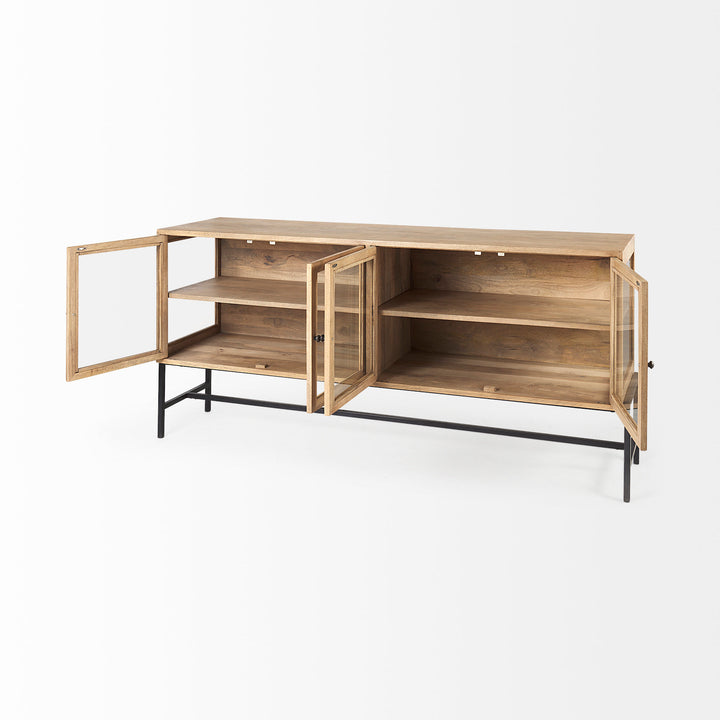 Arelius Light Brown Wood, Black Metal Base w/ 4 Glass Cabinet Doors Sideboard Dining Room Mercana