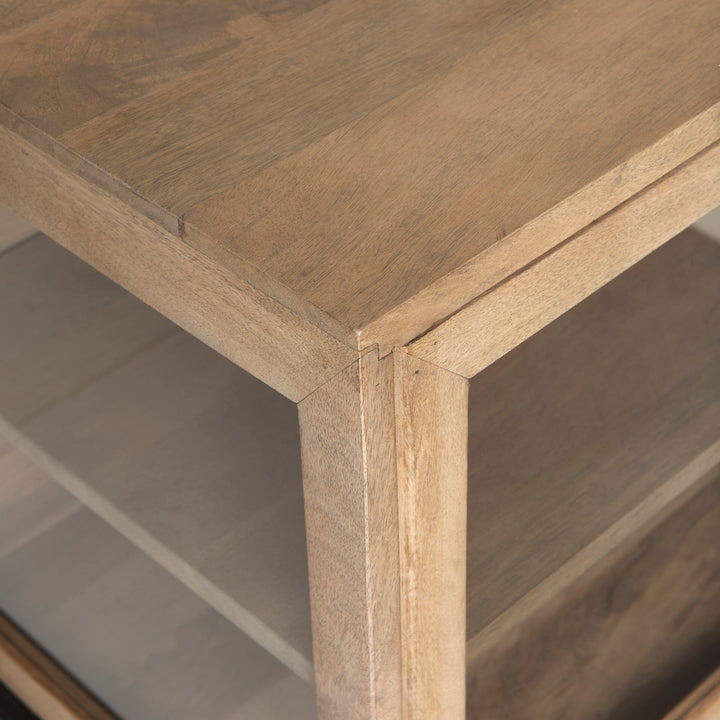Arelius Light Brown Wood, Black Metal Base w/ 4 Glass Cabinet Doors Sideboard Dining Room Mercana