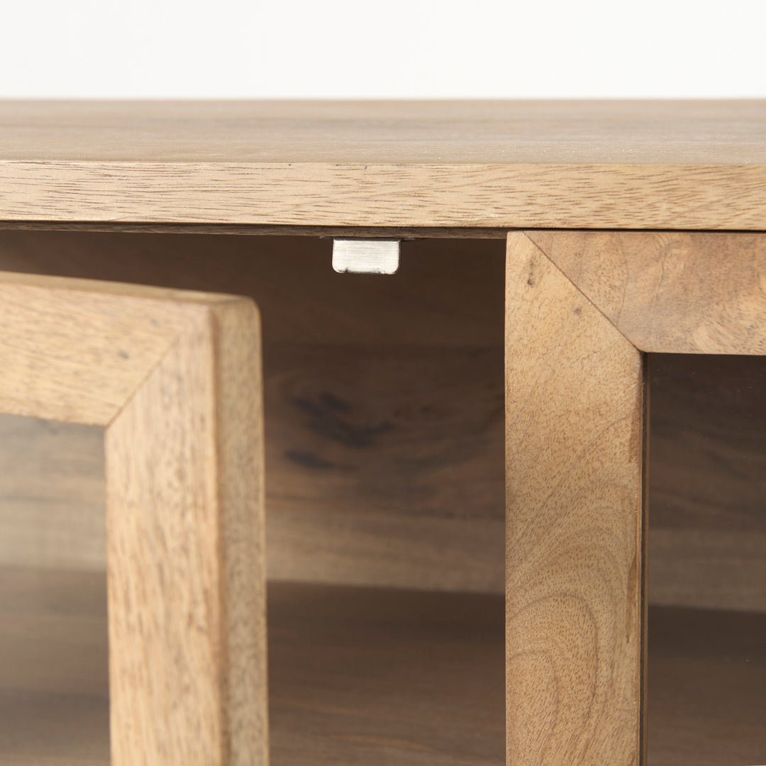 Arelius Light Brown Wood, Black Metal Base w/ 4 Glass Cabinet Doors Sideboard Dining Room Mercana