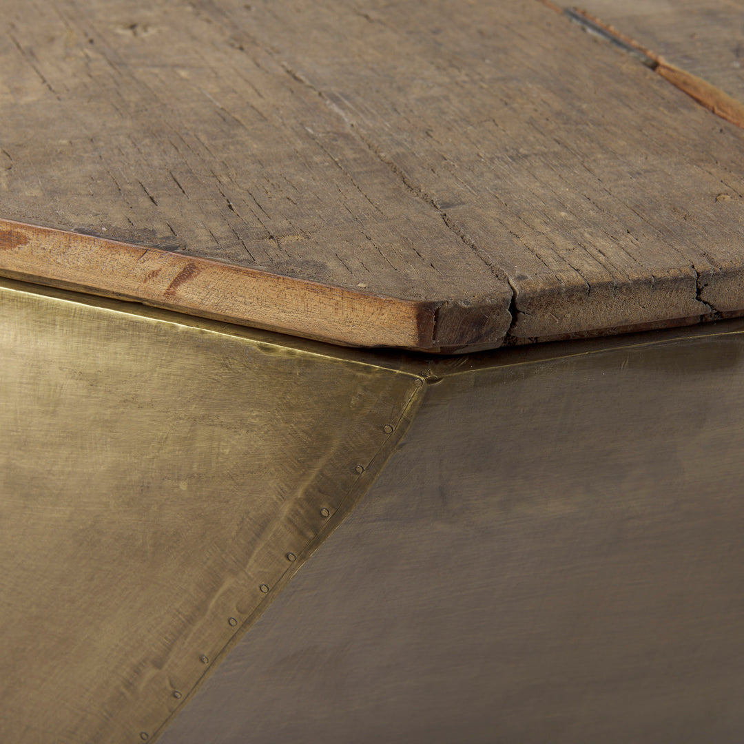Esagono Octagonal Gold Metal-Clad Reclaimed Wood Coffee Table w/ Storage Living Room Mercana