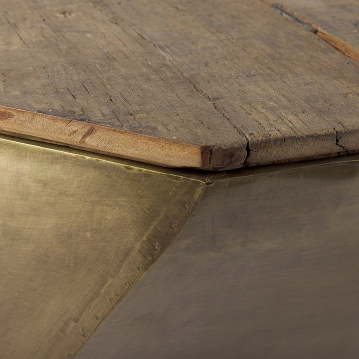 Esagono Octagonal Gold Metal-Clad Reclaimed Wood Coffee Table w/ Storage Living Room Mercana