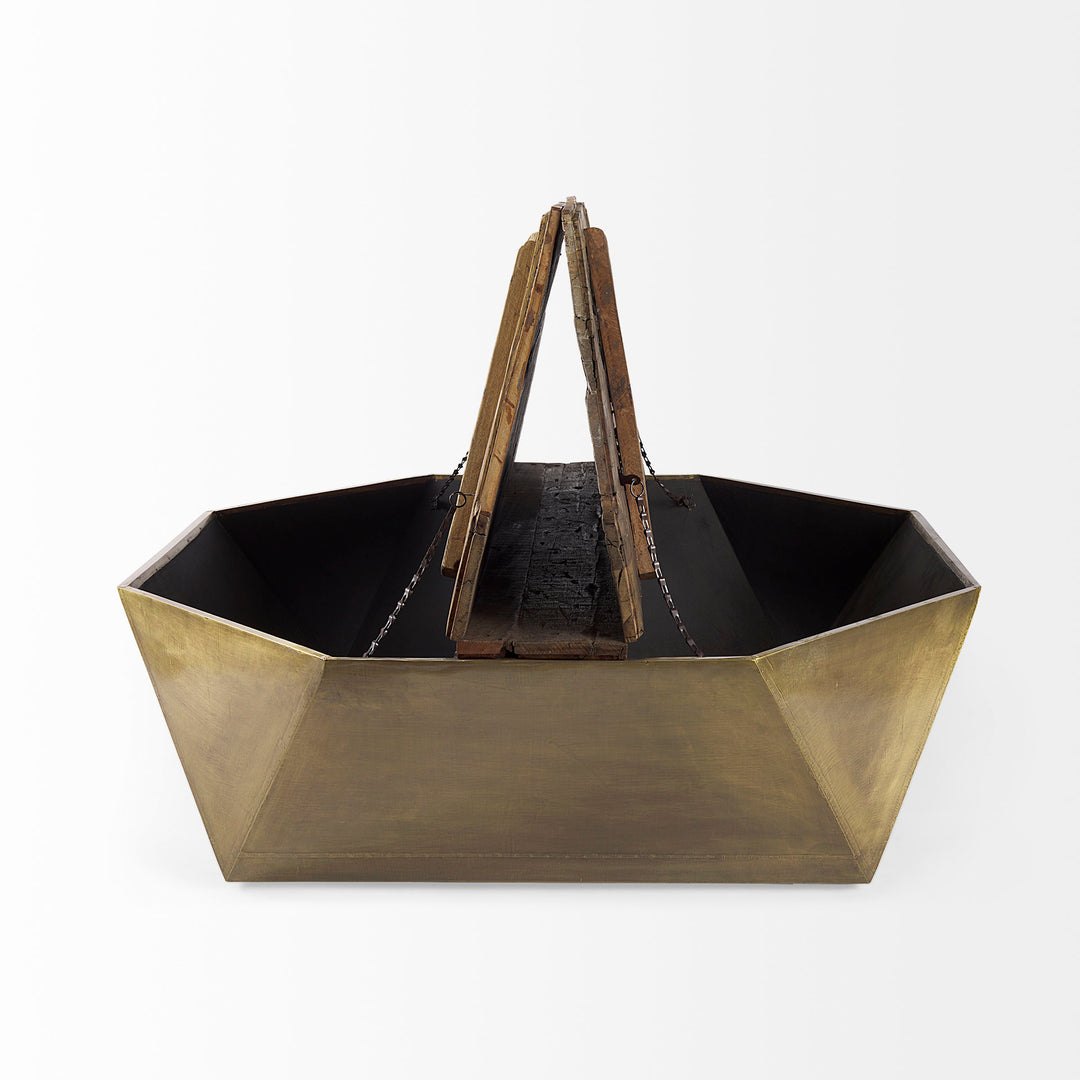Esagono Octagonal Gold Metal-Clad Reclaimed Wood Coffee Table w/ Storage Living Room Mercana