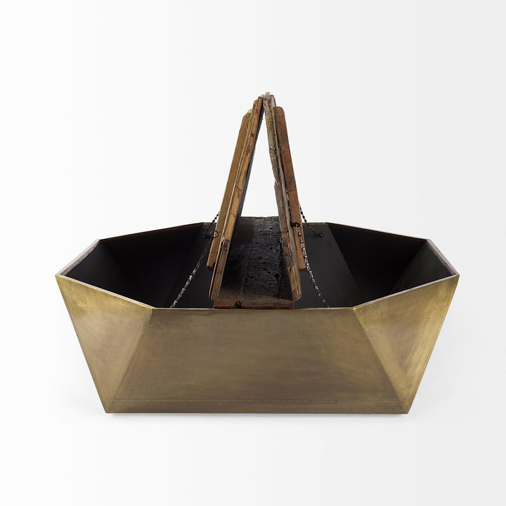 Esagono Octagonal Gold Metal-Clad Reclaimed Wood Coffee Table w/ Storage Living Room Mercana