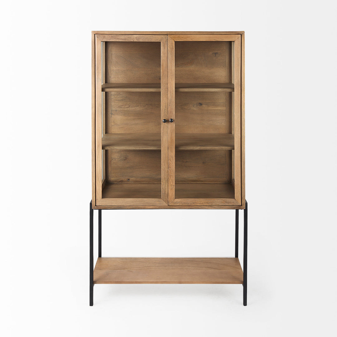 Arelius Light Brown Wood W/ Black Metal Base Display Cabinet Living Room Mercana