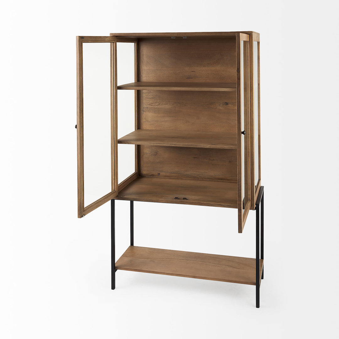 Arelius Light Brown Wood W/ Black Metal Base Display Cabinet Living Room Mercana