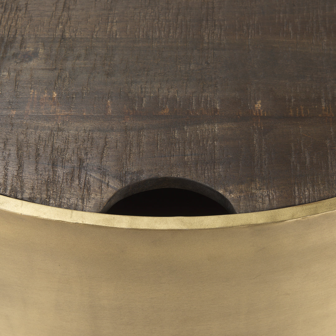 Eclipse Antique Brass Metal Drum Base w/ Dark Brown Wood Top Nested Coffee Table Living Room Mercana