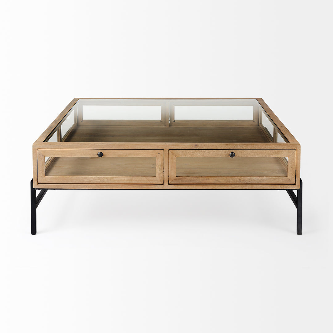Arelius 42" Square Glass-Top Light Brown w/ Black Metal Base Display Coffee Table Living Room Mercana