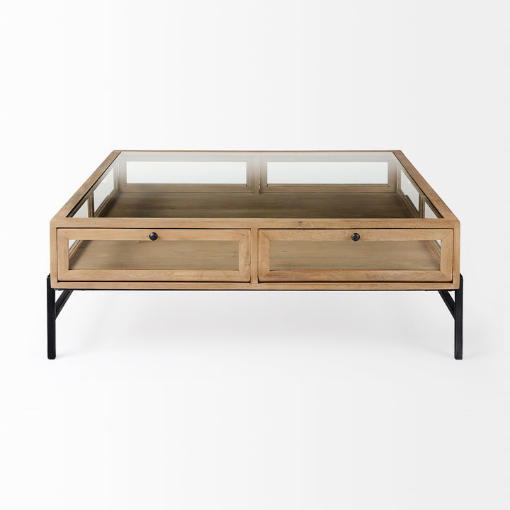 Arelius 42" Square Glass-Top Light Brown w/ Black Metal Base Display Coffee Table Living Room Mercana