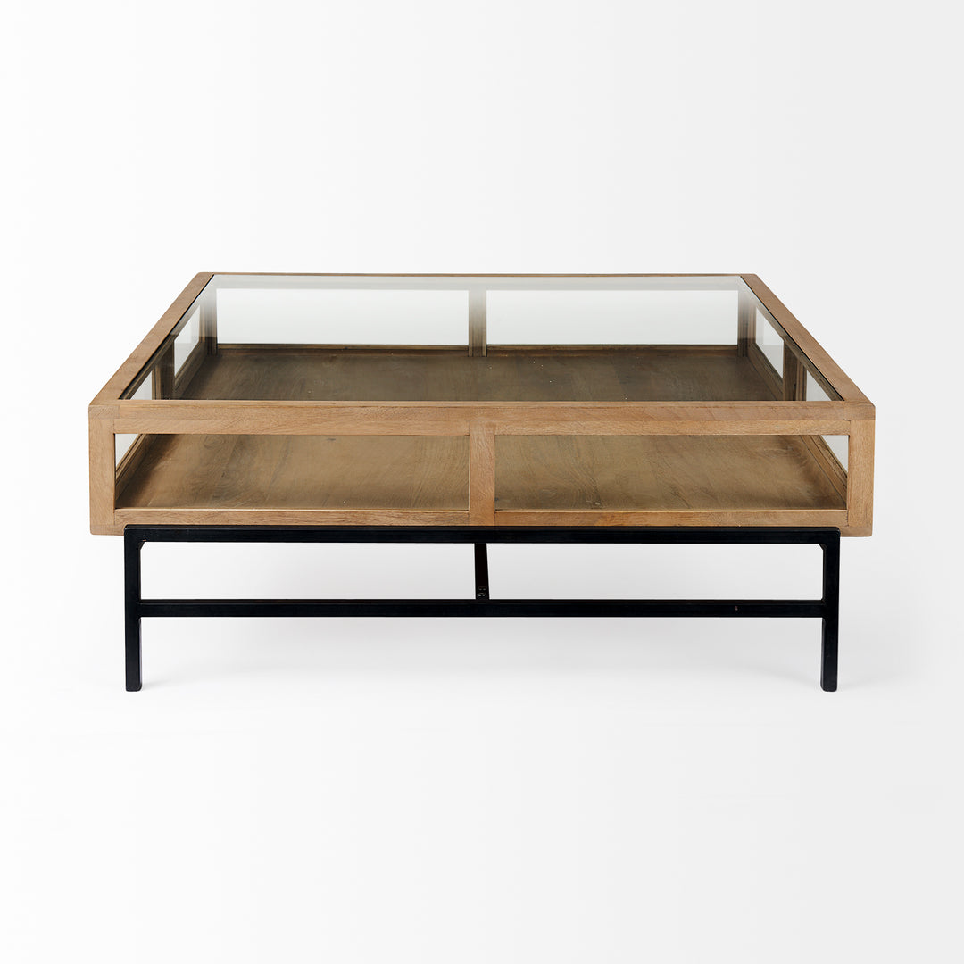 Arelius 42" Square Glass-Top Light Brown w/ Black Metal Base Display Coffee Table Living Room Mercana