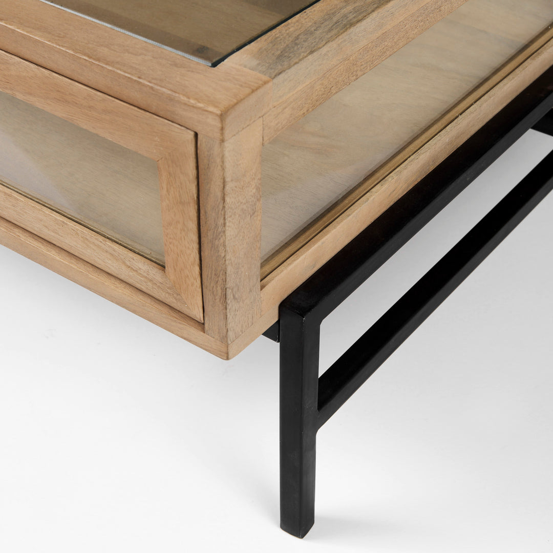 Arelius 42" Square Glass-Top Light Brown w/ Black Metal Base Display Coffee Table Living Room Mercana