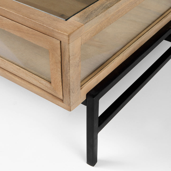Arelius 42" Square Glass-Top Light Brown w/ Black Metal Base Display Coffee Table Living Room Mercana