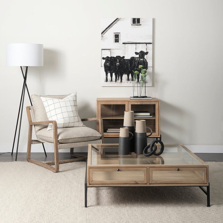 Arelius Light Brown Wood, Black Metal Base w/ 2 Glass Doors Accent Cabinet Decor Mercana