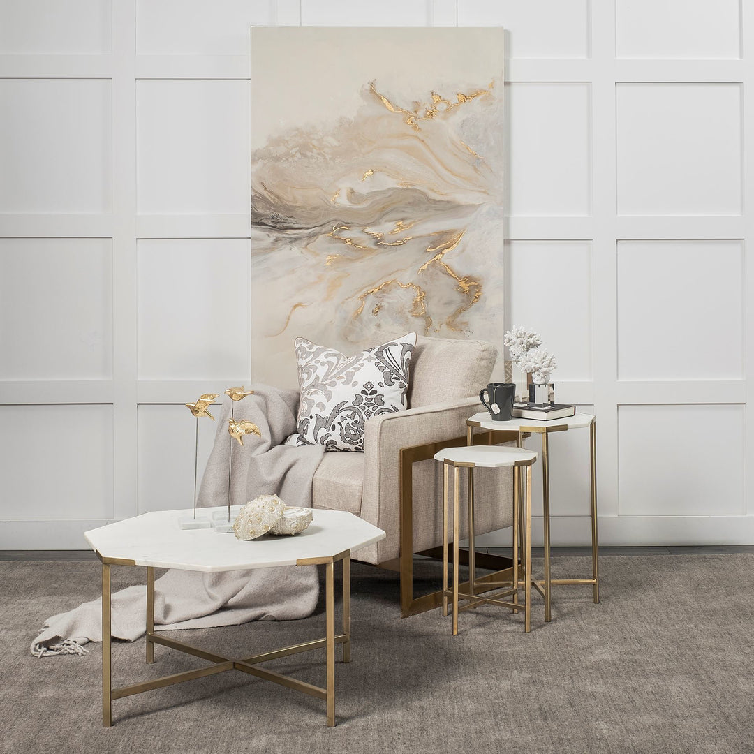 Vincent 33" Octagonal White Marble Tabletop w/ Gold Metal Base Coffee Table Living Room Mercana
