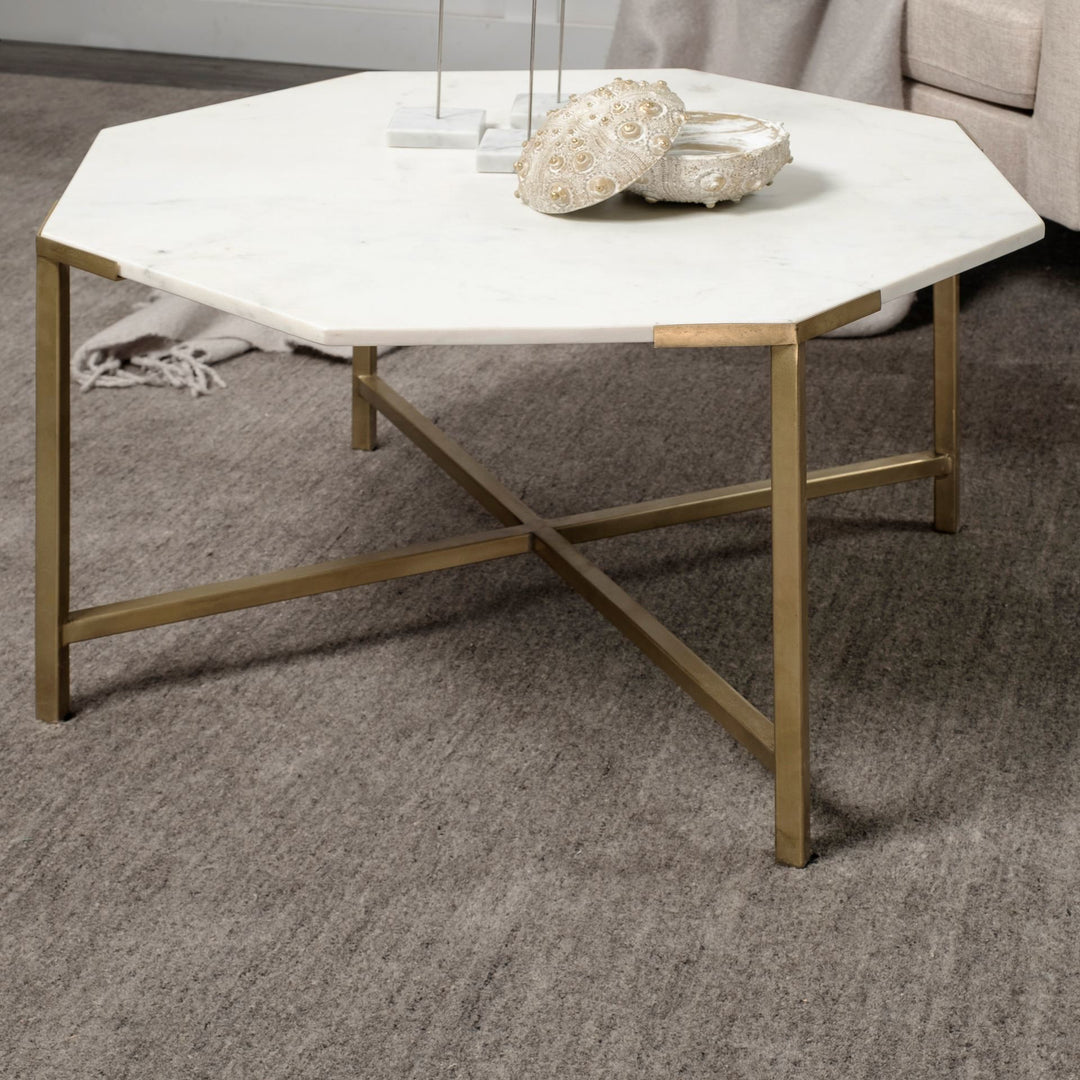 Vincent 33" Octagonal White Marble Tabletop w/ Gold Metal Base Coffee Table Living Room Mercana