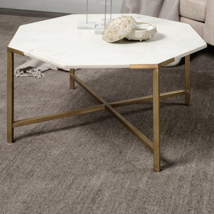 Vincent 33" Octagonal White Marble Tabletop w/ Gold Metal Base Coffee Table Living Room Mercana