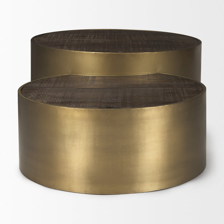 Eclipse Antique Brass Metal Drum Base w/ Dark Brown Wood Top Nested Coffee Table Living Room Mercana