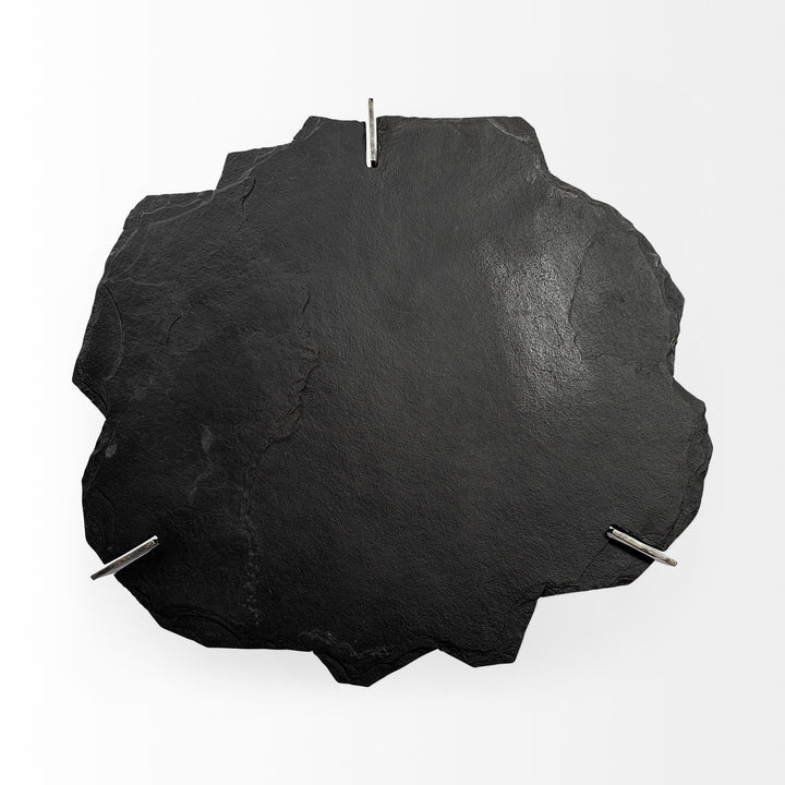 Shale 37" Irregular Live-Edge Black Slate w/Flat Iron Base Coffee Table Living Room Mercana