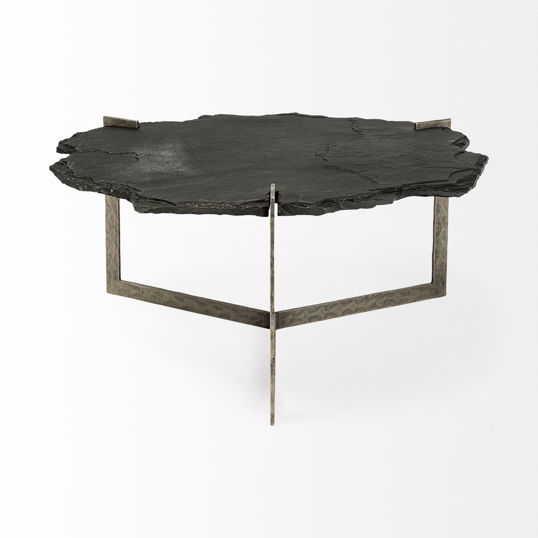 Shale 37" Irregular Live-Edge Black Slate w/Flat Iron Base Coffee Table Living Room Mercana