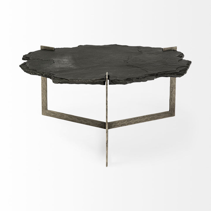 Shale 37" Irregular Live-Edge Black Slate w/Flat Iron Base Coffee Table Living Room Mercana