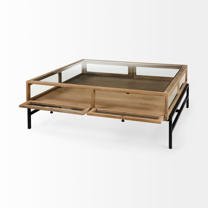 Arelius 42" Square Glass-Top Light Brown w/ Black Metal Base Display Coffee Table Living Room Mercana